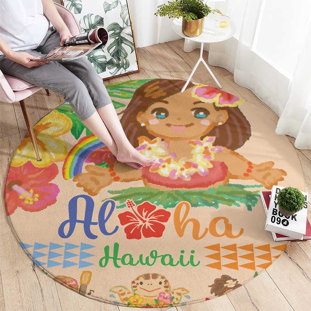 Kawaii Hula Girls Round Carpet Aloha Hibiscus Flowers