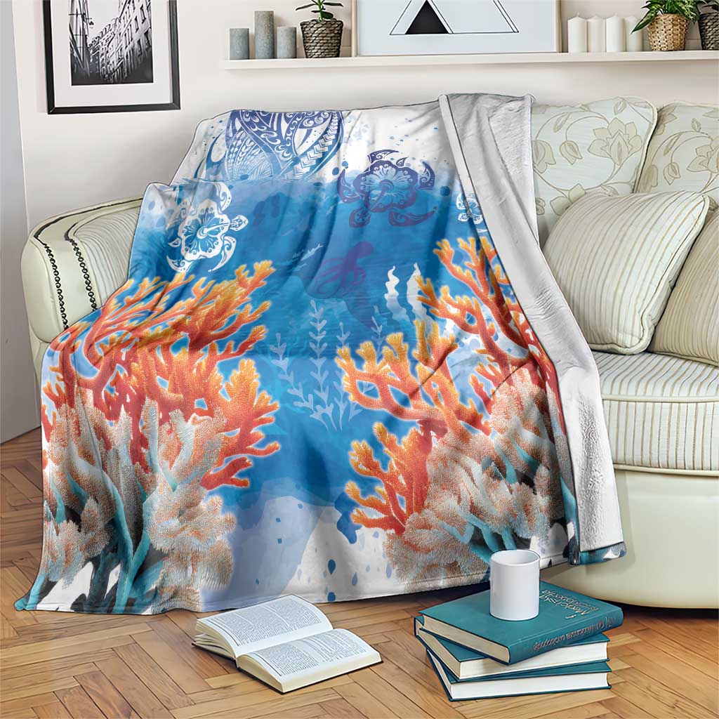 Hibiscus Turtle Tattoo Coral Reef Blanket with Polynesian Tribal