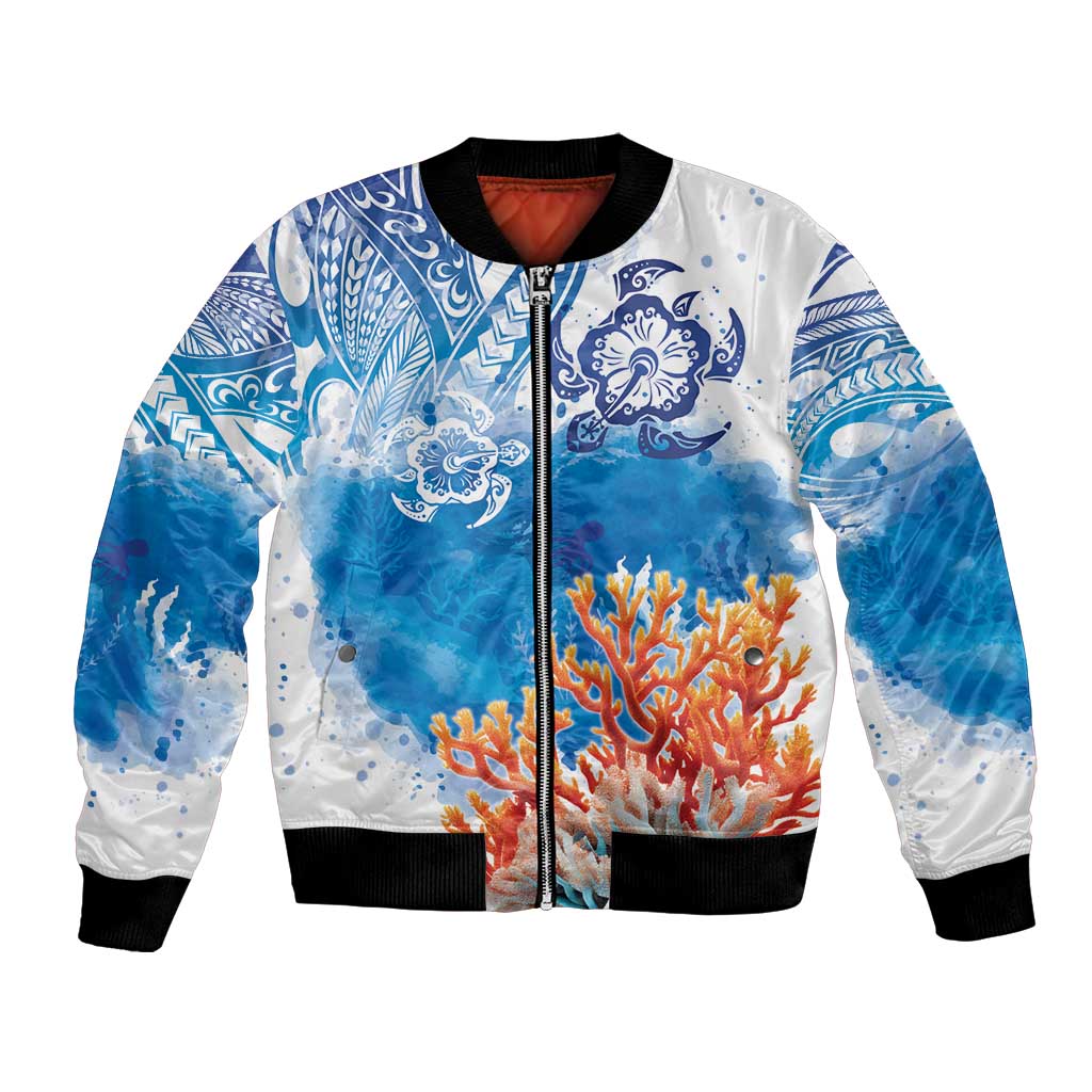 Hibiscus Turtle Tattoo Coral Reef Bomber Jacket with Polynesian Tribal