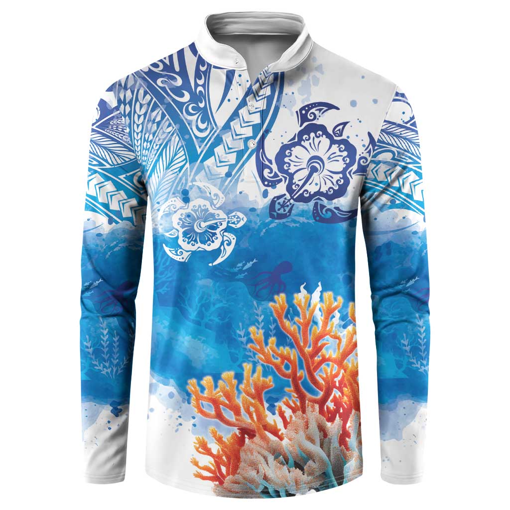 Hibiscus Turtle Tattoo Coral Reef Button Sweatshirt with Polynesian Tribal