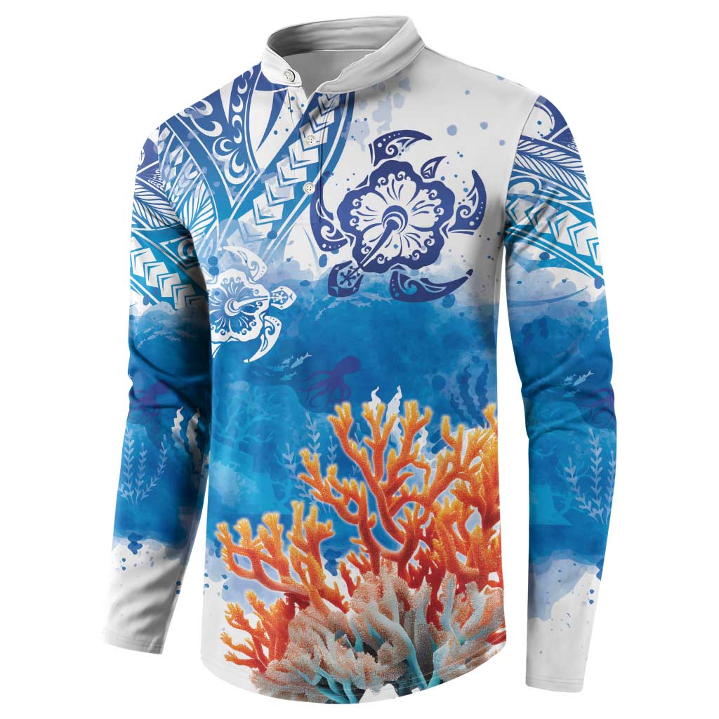 Hibiscus Turtle Tattoo Coral Reef Button Sweatshirt with Polynesian Tribal