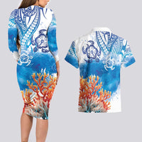 Hibiscus Turtle Tattoo Coral Reef Couples Matching Long Sleeve Bodycon Dress and Hawaiian Shirt with Polynesian Tribal