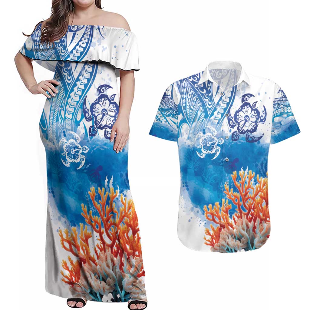 Hibiscus Turtle Tattoo Coral Reef Couples Matching Off Shoulder Maxi Dress and Hawaiian Shirt with Polynesian Tribal