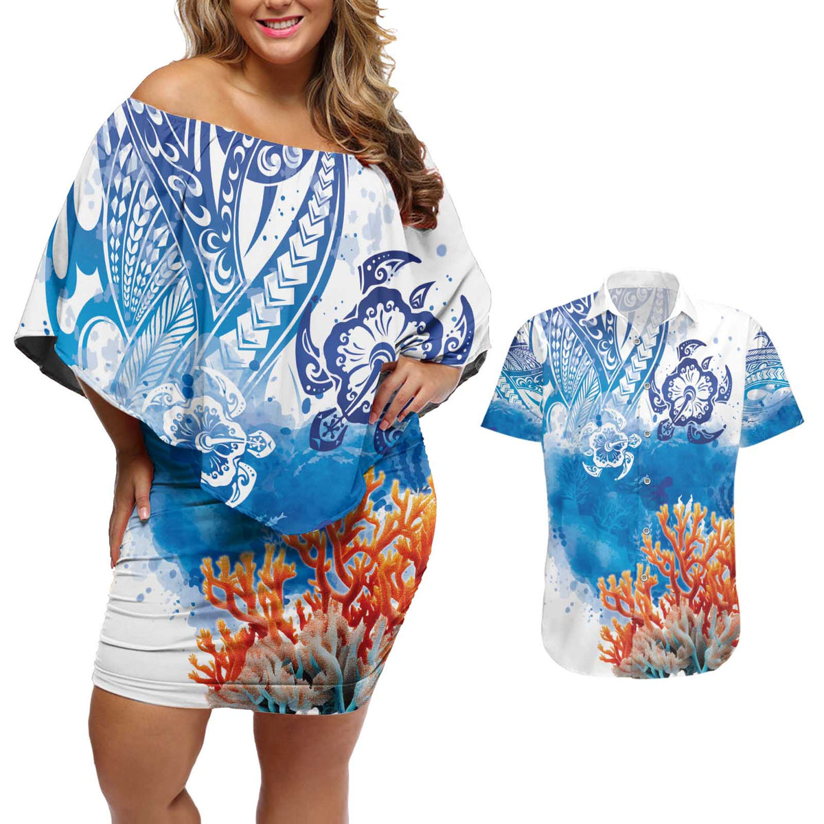Hibiscus Turtle Tattoo Coral Reef Couples Matching Off Shoulder Short Dress and Hawaiian Shirt with Polynesian Tribal LT9 White - Polynesian Pride