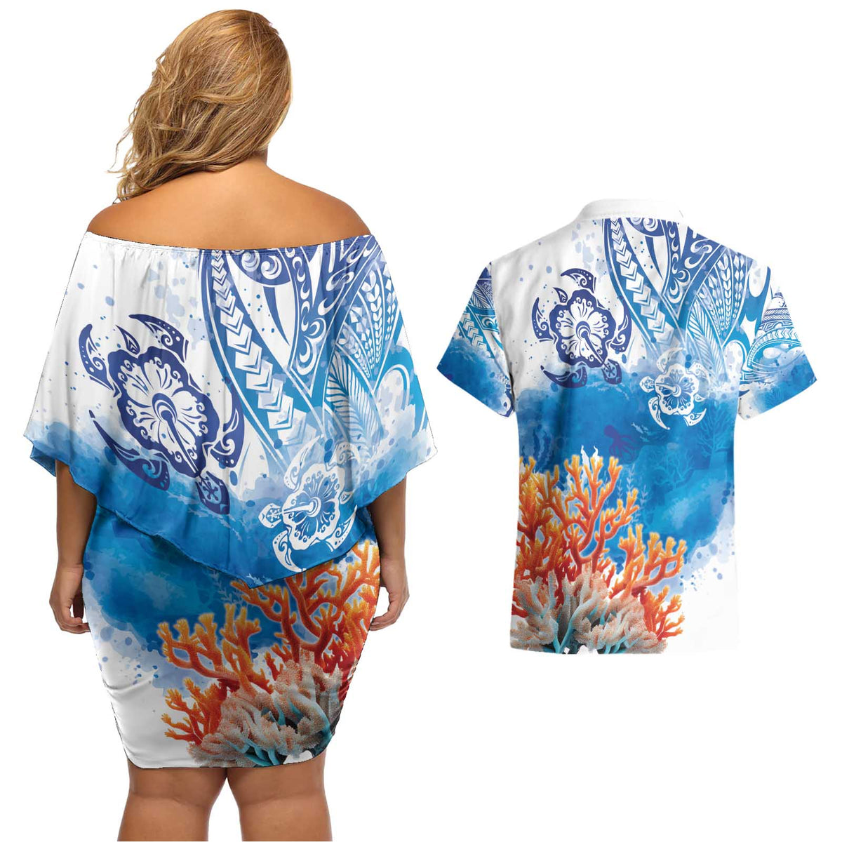 Hibiscus Turtle Tattoo Coral Reef Couples Matching Off Shoulder Short Dress and Hawaiian Shirt with Polynesian Tribal LT9 - Polynesian Pride