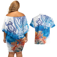Hibiscus Turtle Tattoo Coral Reef Couples Matching Off Shoulder Short Dress and Hawaiian Shirt with Polynesian Tribal LT9 - Polynesian Pride