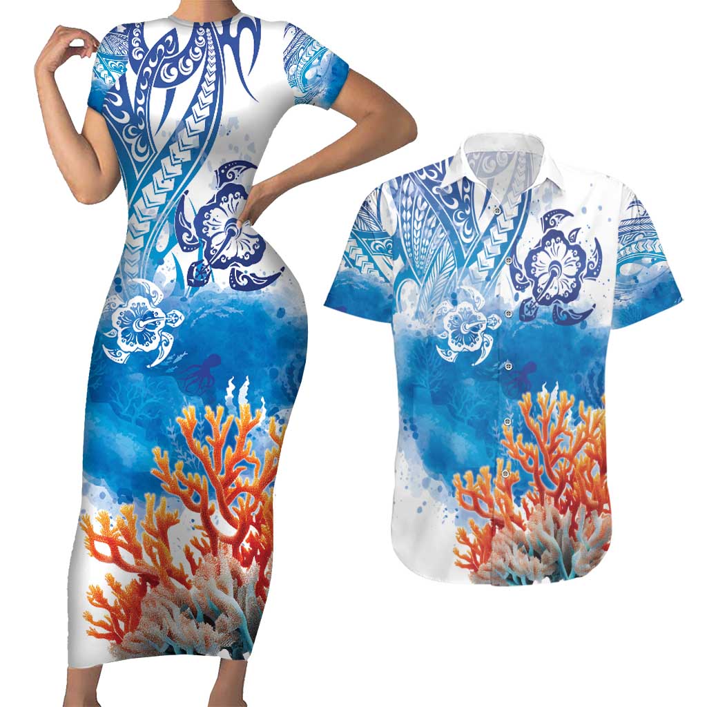 Hibiscus Turtle Tattoo Coral Reef Couples Matching Short Sleeve Bodycon Dress and Hawaiian Shirt with Polynesian Tribal