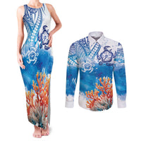 Hibiscus Turtle Tattoo Coral Reef Couples Matching Tank Maxi Dress and Long Sleeve Button Shirt with Polynesian Tribal LT9 White - Polynesian Pride