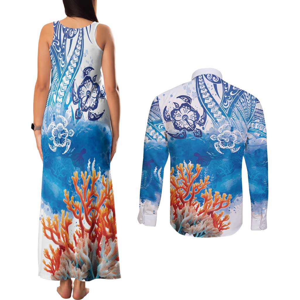 Hibiscus Turtle Tattoo Coral Reef Couples Matching Tank Maxi Dress and Long Sleeve Button Shirt with Polynesian Tribal LT9 - Polynesian Pride