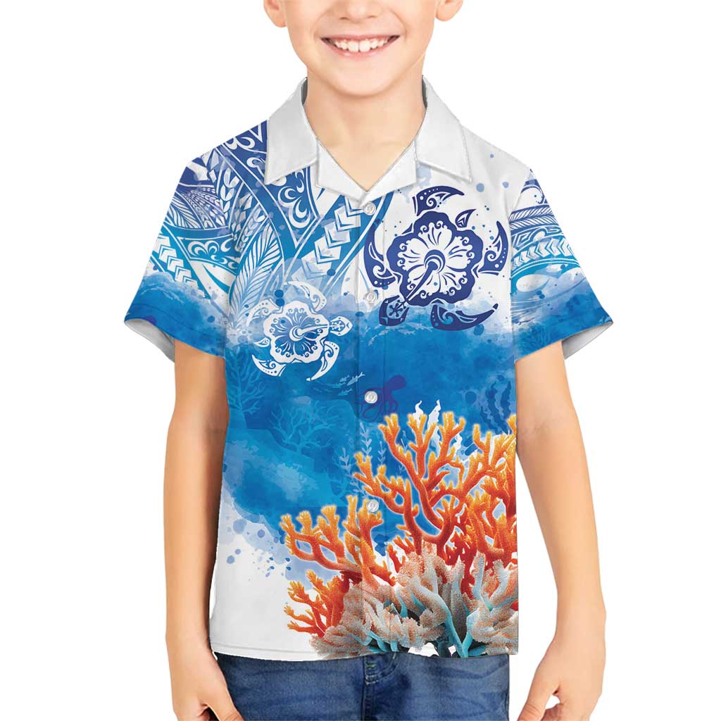 Hibiscus Turtle Tattoo Coral Reef Family Matching Long Sleeve Bodycon Dress and Hawaiian Shirt with Polynesian Tribal LT9 Son's Shirt White - Polynesian Pride