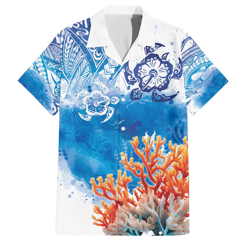 Hibiscus Turtle Tattoo Coral Reef Family Matching Puletasi and Hawaiian Shirt with Polynesian Tribal LT9 Dad's Shirt - Short Sleeve White - Polynesian Pride