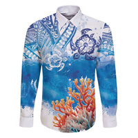 Hibiscus Turtle Tattoo Coral Reef Family Matching Puletasi and Hawaiian Shirt with Polynesian Tribal LT9 Dad's Shirt - Long Sleeve White - Polynesian Pride