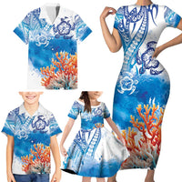 Hibiscus Turtle Tattoo Coral Reef Family Matching Short Sleeve Bodycon Dress and Hawaiian Shirt with Polynesian Tribal LT9 - Polynesian Pride