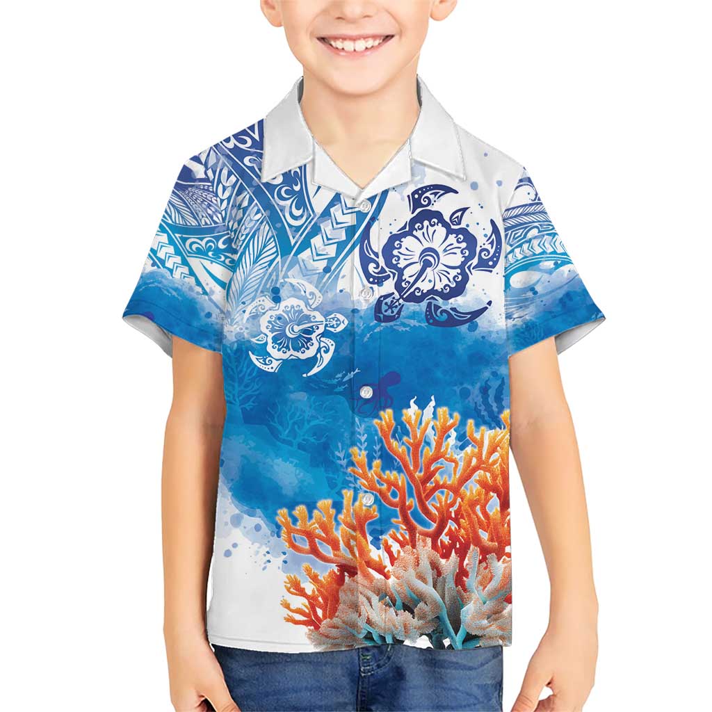 Hibiscus Turtle Tattoo Coral Reef Family Matching Short Sleeve Bodycon Dress and Hawaiian Shirt with Polynesian Tribal LT9 Son's Shirt White - Polynesian Pride