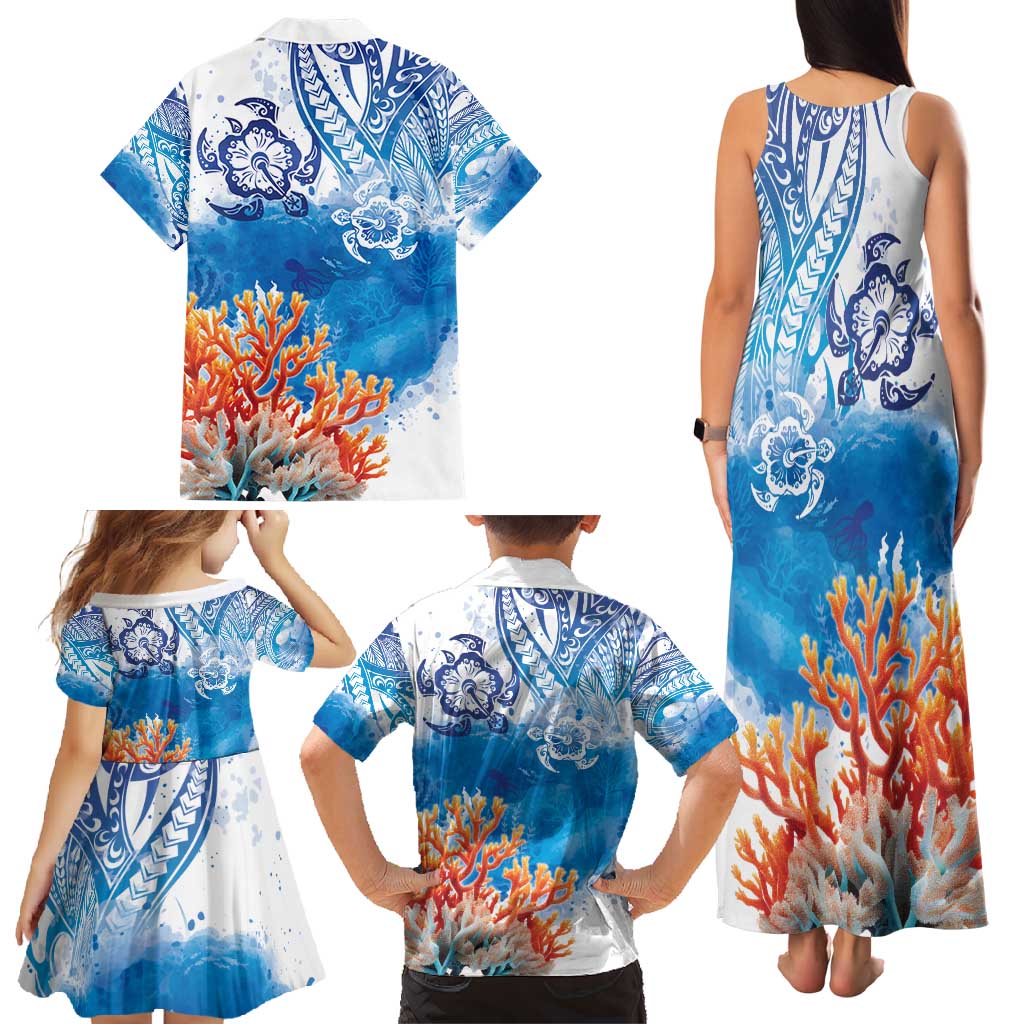 Hibiscus Turtle Tattoo Coral Reef Family Matching Tank Maxi Dress and Hawaiian Shirt with Polynesian Tribal