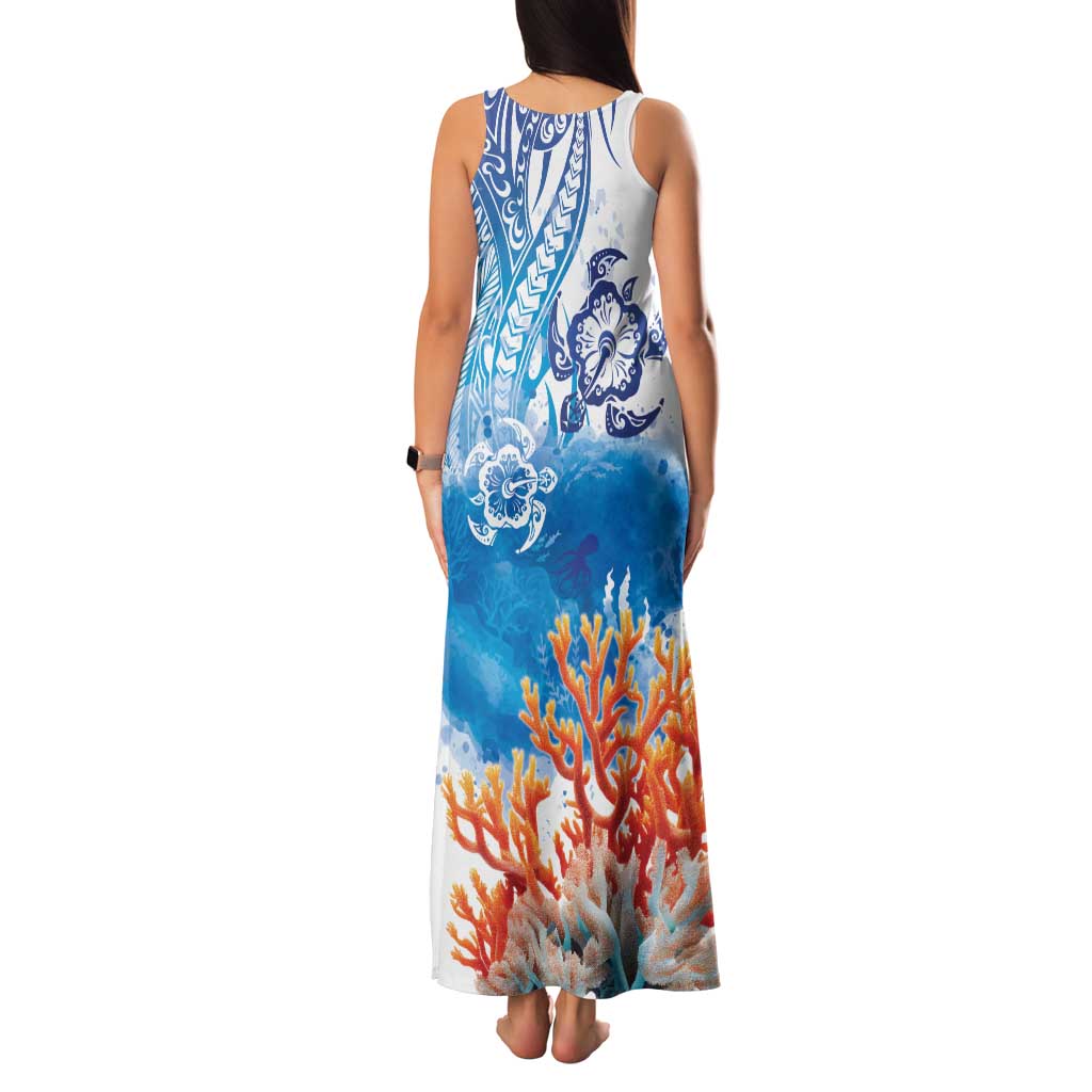Hibiscus Turtle Tattoo Coral Reef Family Matching Tank Maxi Dress and Hawaiian Shirt with Polynesian Tribal