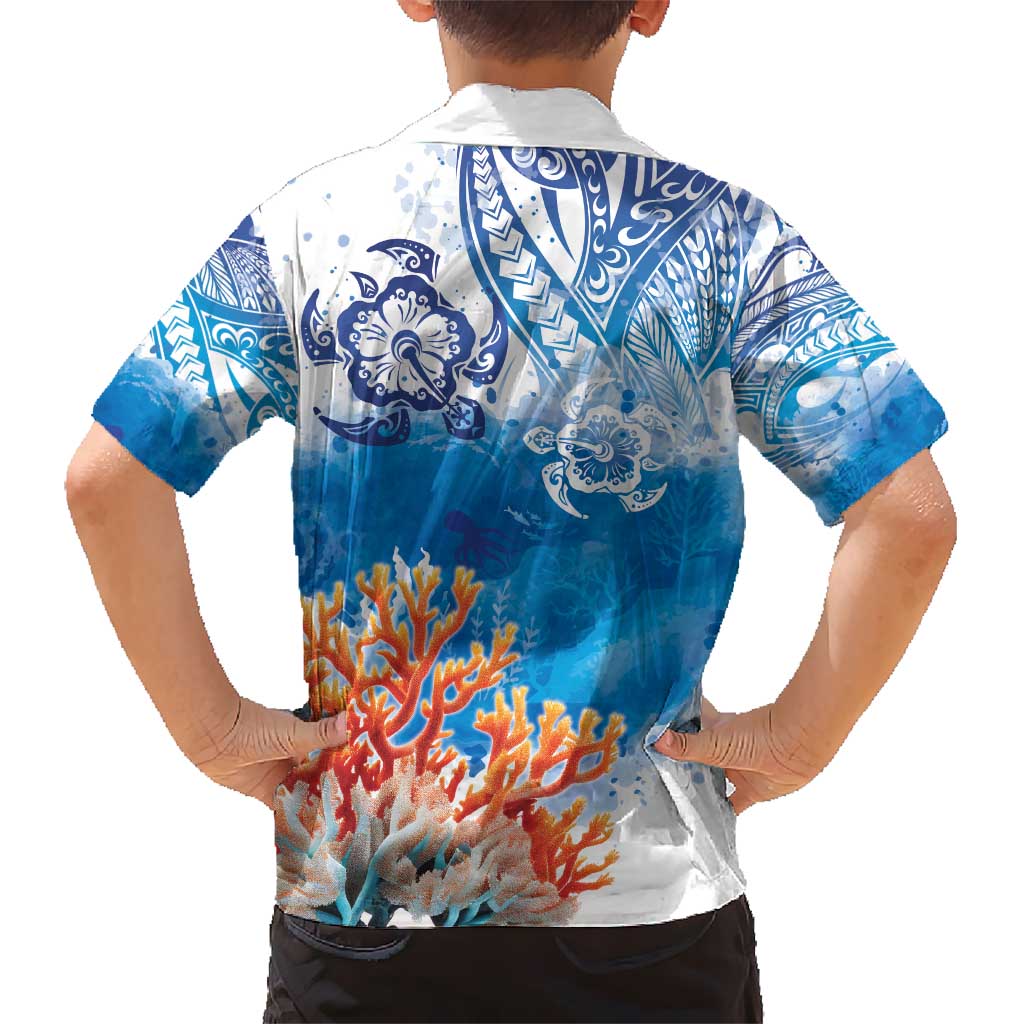Hibiscus Turtle Tattoo Coral Reef Kid Hawaiian Shirt with Polynesian Tribal