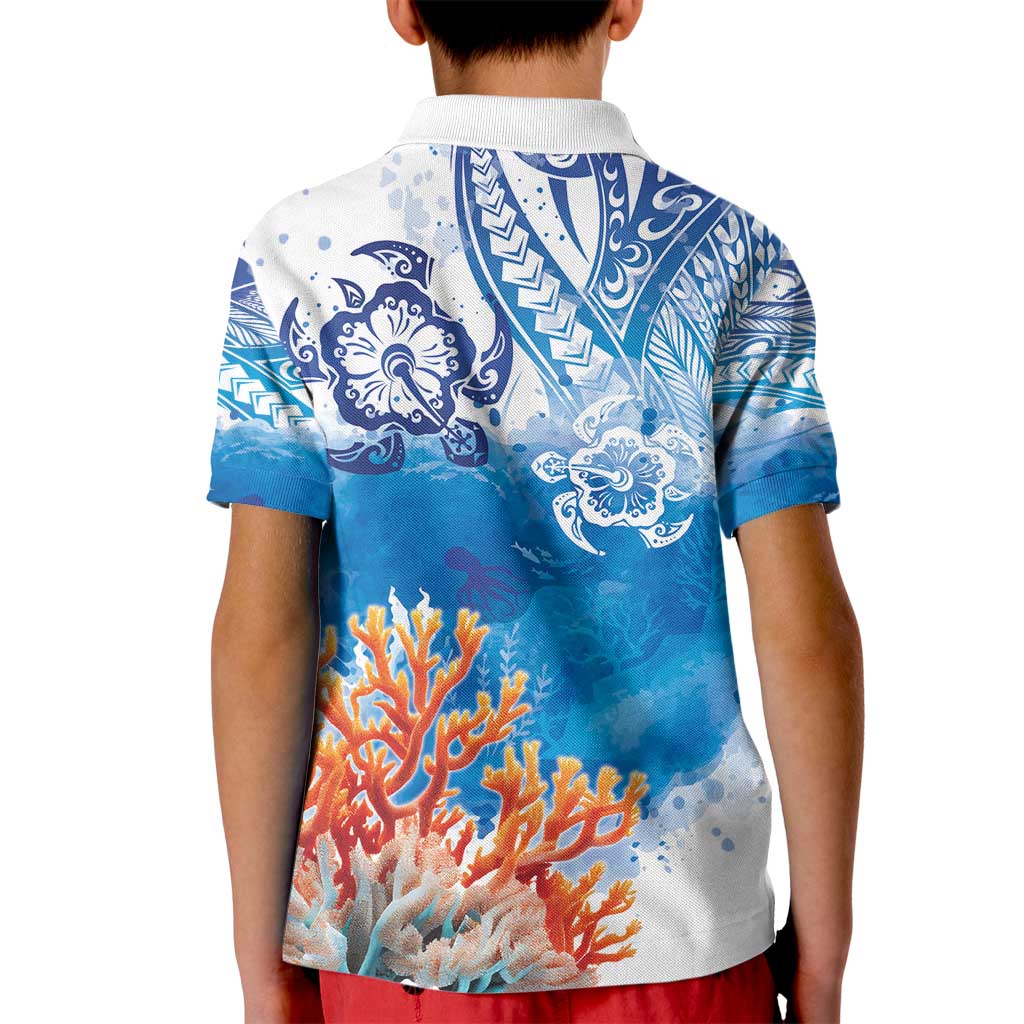 Hibiscus Turtle Tattoo Coral Reef Kid Polo Shirt with Polynesian Tribal