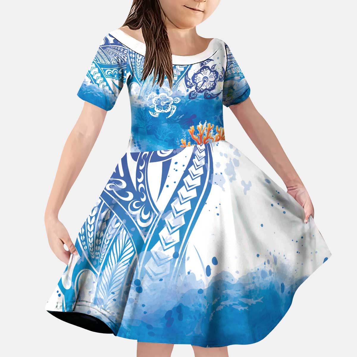 Hibiscus Turtle Tattoo Coral Reef Kid Short Sleeve Dress with Polynesian Tribal