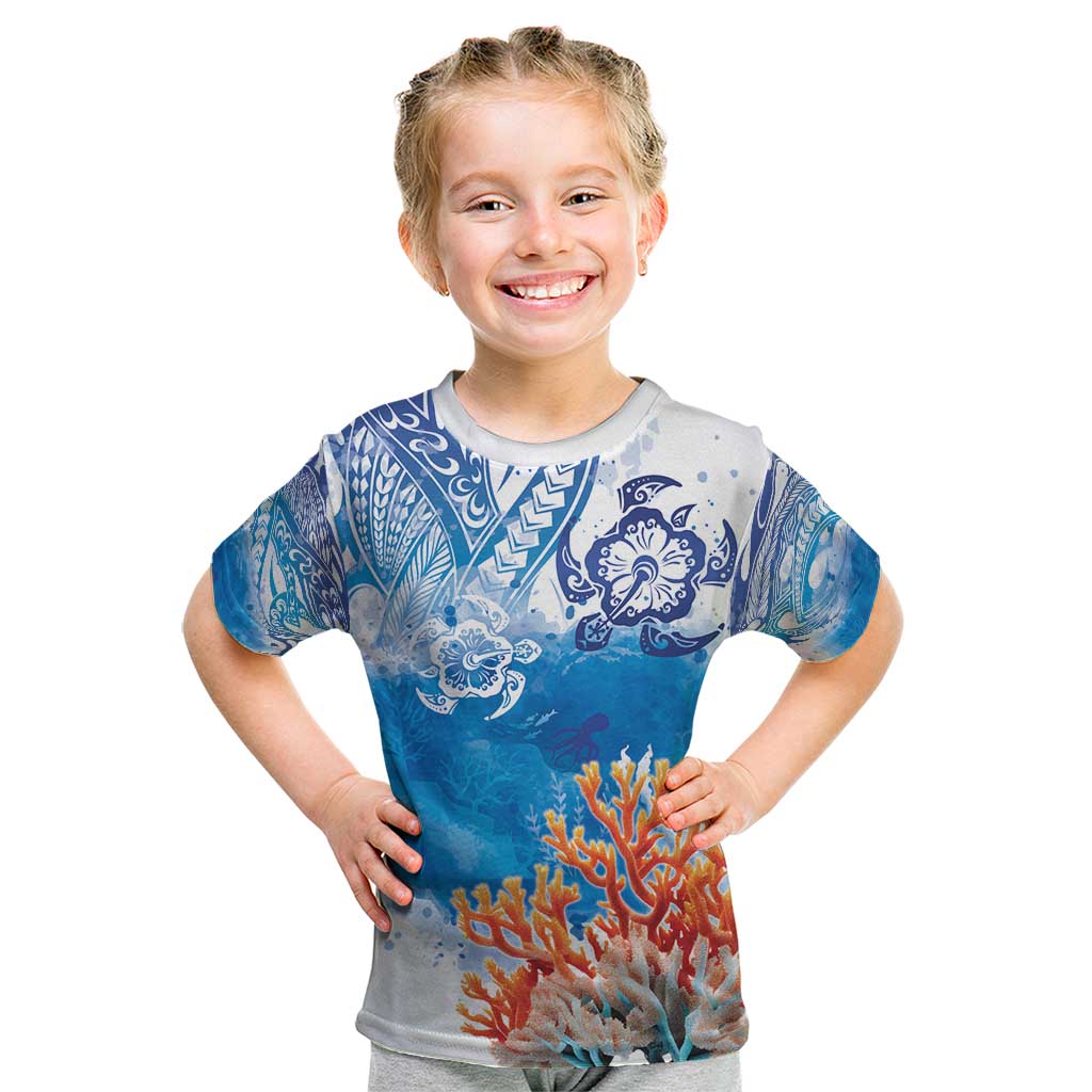 Hibiscus Turtle Tattoo Coral Reef Kid T Shirt with Polynesian Tribal