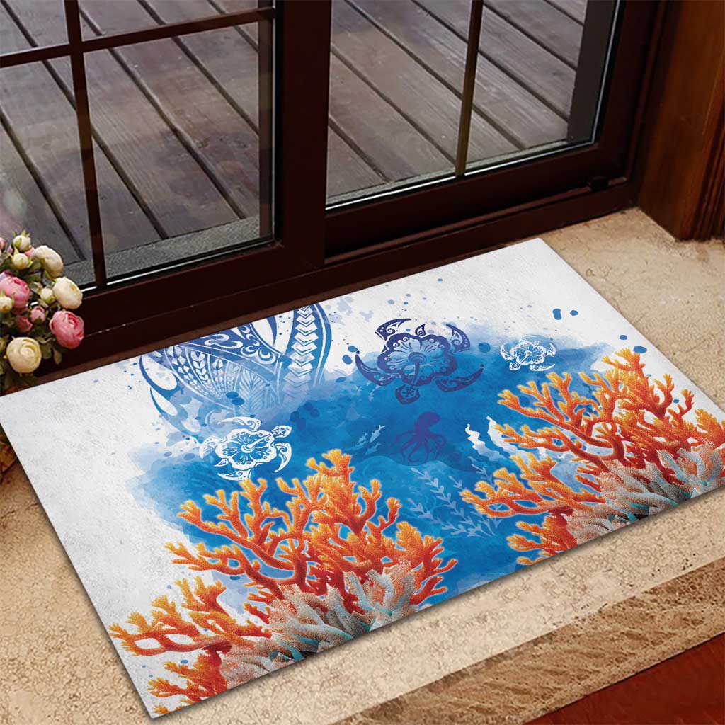 Hibiscus Turtle Tattoo Coral Reef Rubber Doormat with Polynesian Tribal