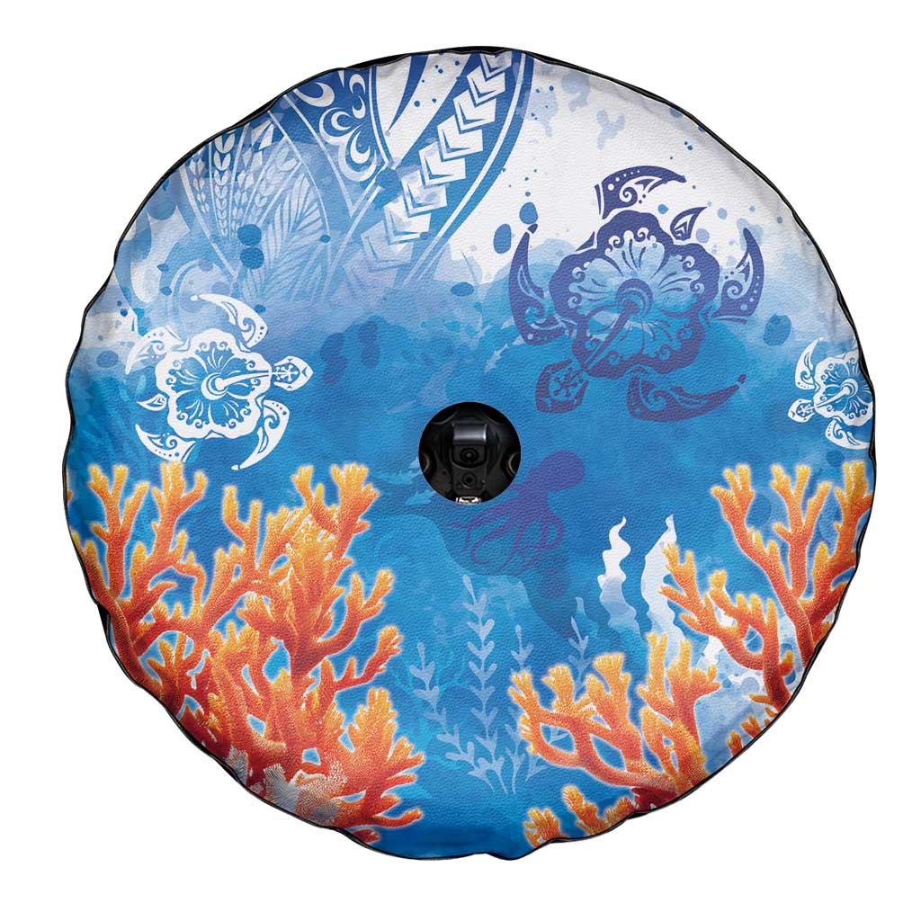 Hibiscus Turtle Tattoo Coral Reef Spare Tire Cover with Polynesian Tribal