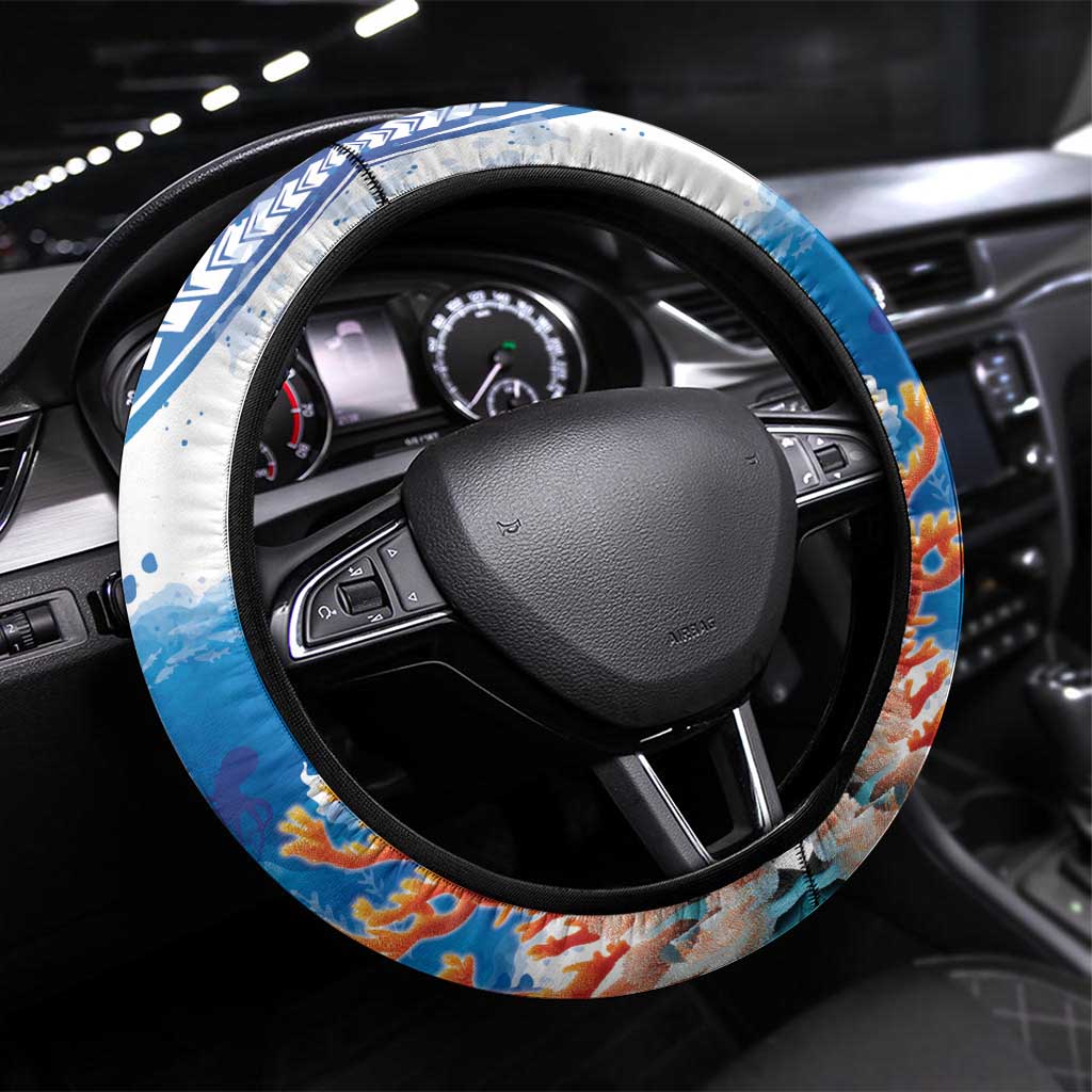 Hibiscus Turtle Tattoo Coral Reef Steering Wheel Cover with Polynesian Tribal