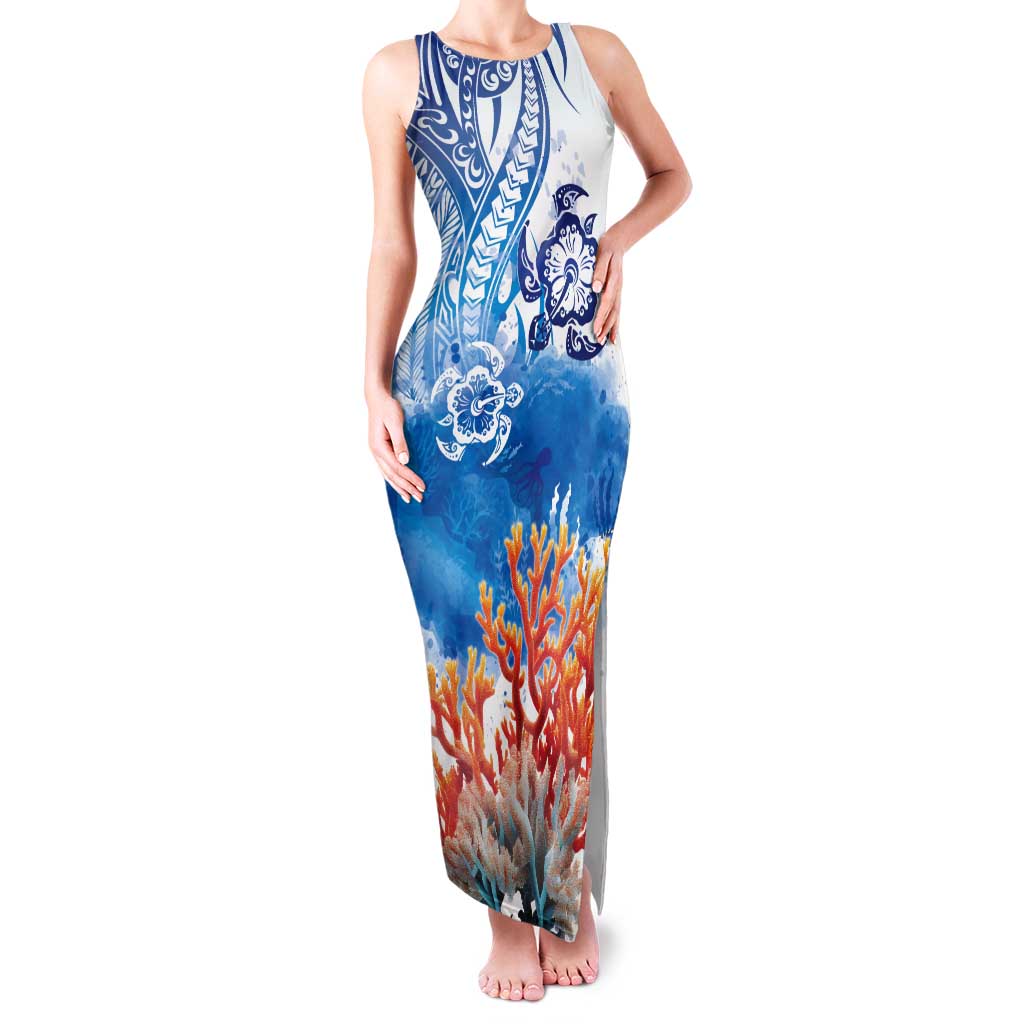 Hibiscus Turtle Tattoo Coral Reef Tank Maxi Dress with Polynesian Tribal