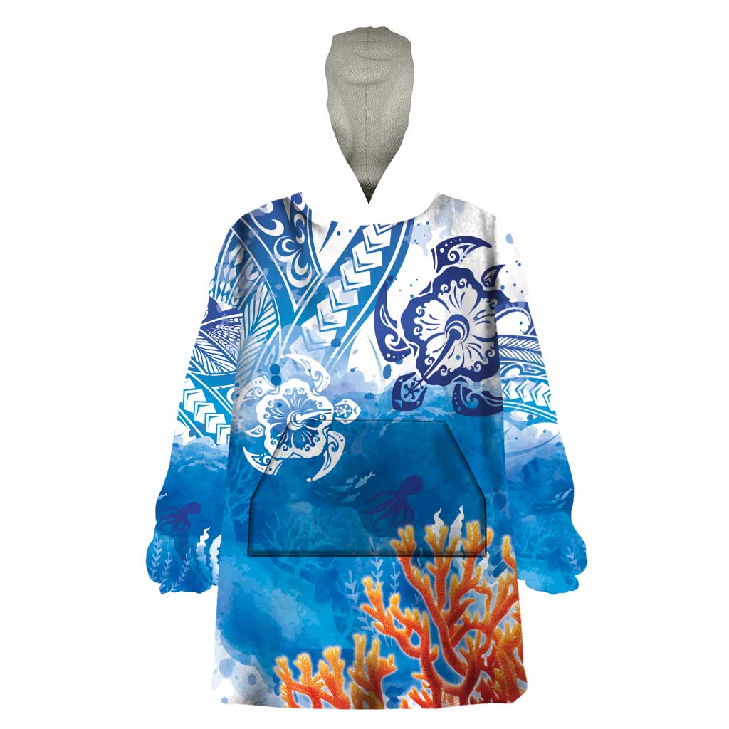 Hibiscus Turtle Tattoo Coral Reef Wearable Blanket Hoodie with Polynesian Tribal