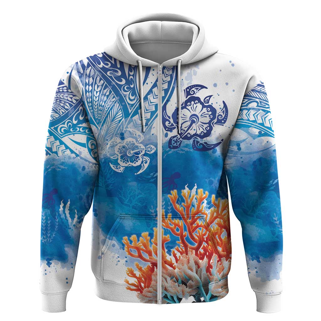 Hibiscus Turtle Tattoo Coral Reef Zip Hoodie with Polynesian Tribal LT9 Zip Hoodie White - Polynesian Pride