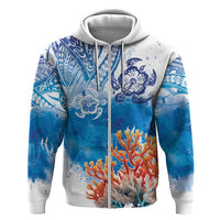 Hibiscus Turtle Tattoo Coral Reef Zip Hoodie with Polynesian Tribal LT9 Zip Hoodie White - Polynesian Pride