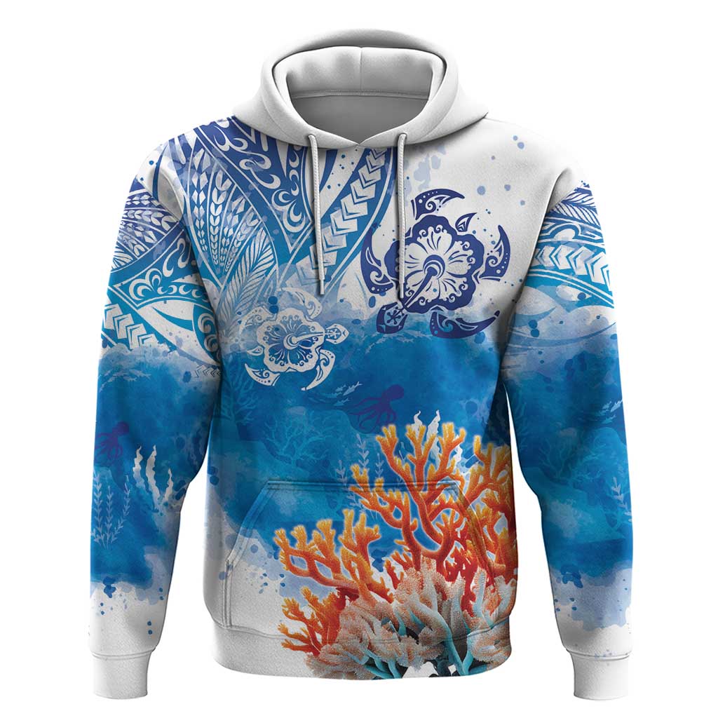Hibiscus Turtle Tattoo Coral Reef Zip Hoodie with Polynesian Tribal LT9 Pullover Hoodie White - Polynesian Pride