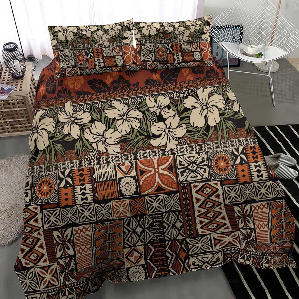 Pacific Hibiscus Tapa Tribal Vintage Bedding Set Brown Motif