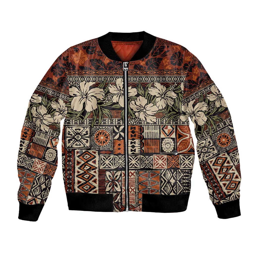 Pacific Hibiscus Tapa Tribal Vintage Bomber Jacket Brown Motif