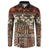 Pacific Hibiscus Tapa Tribal Vintage Button Sweatshirt Brown Motif