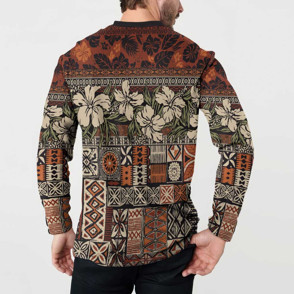 Pacific Hibiscus Tapa Tribal Vintage Button Sweatshirt Brown Motif