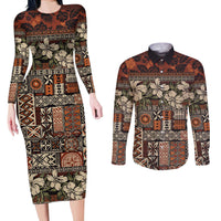Pacific Hibiscus Tapa Tribal Vintage Couples Matching Long Sleeve Bodycon Dress and Long Sleeve Button Shirt Brown Motif LT9 Brown - Polynesian Pride