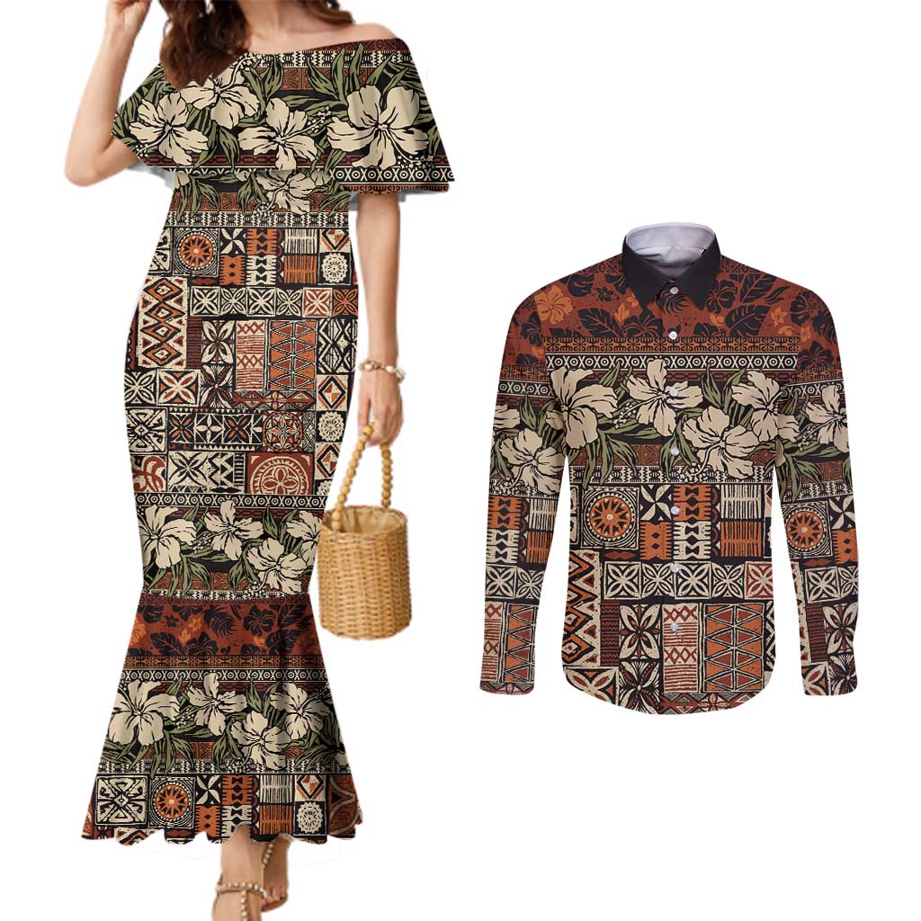 Pacific Hibiscus Tapa Tribal Vintage Couples Matching Mermaid Dress and Long Sleeve Button Shirt Brown Motif