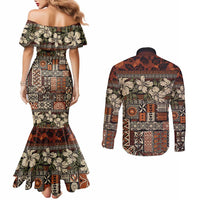 Pacific Hibiscus Tapa Tribal Vintage Couples Matching Mermaid Dress and Long Sleeve Button Shirt Brown Motif LT9 - Polynesian Pride