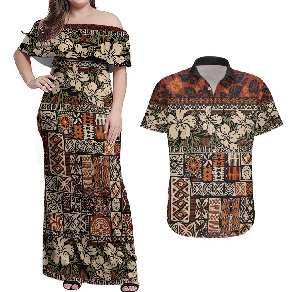 Pacific Hibiscus Tapa Tribal Vintage Couples Matching Off Shoulder Maxi Dress and Hawaiian Shirt Brown Motif