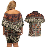 Pacific Hibiscus Tapa Tribal Vintage Couples Matching Off Shoulder Short Dress and Hawaiian Shirt Brown Motif LT9 - Polynesian Pride