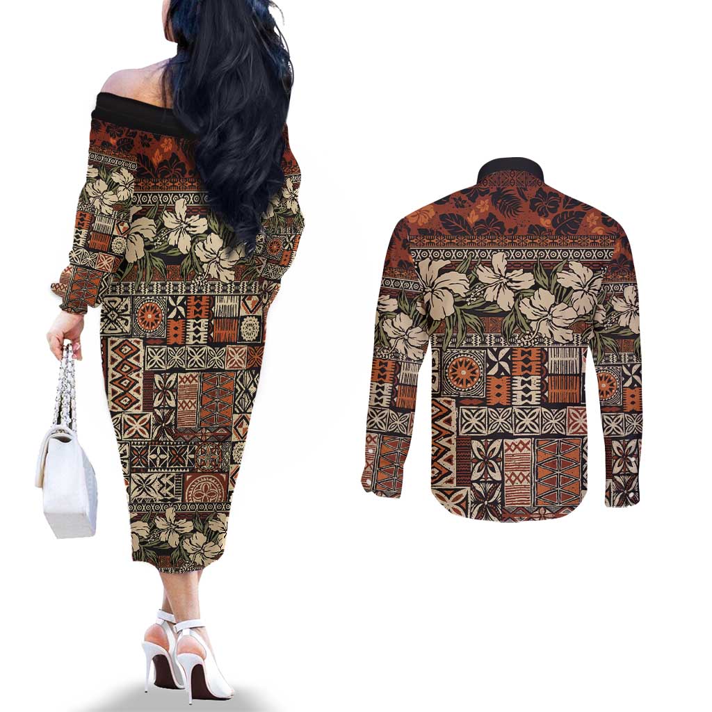 Pacific Hibiscus Tapa Tribal Vintage Couples Matching Off The Shoulder Long Sleeve Dress and Long Sleeve Button Shirt Brown Motif LT9 - Polynesian Pride