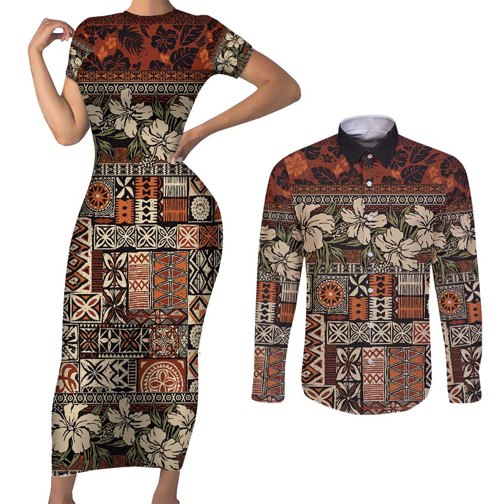 Pacific Hibiscus Tapa Tribal Vintage Couples Matching Short Sleeve Bodycon Dress and Long Sleeve Button Shirt Brown Motif LT9 Brown - Polynesian Pride