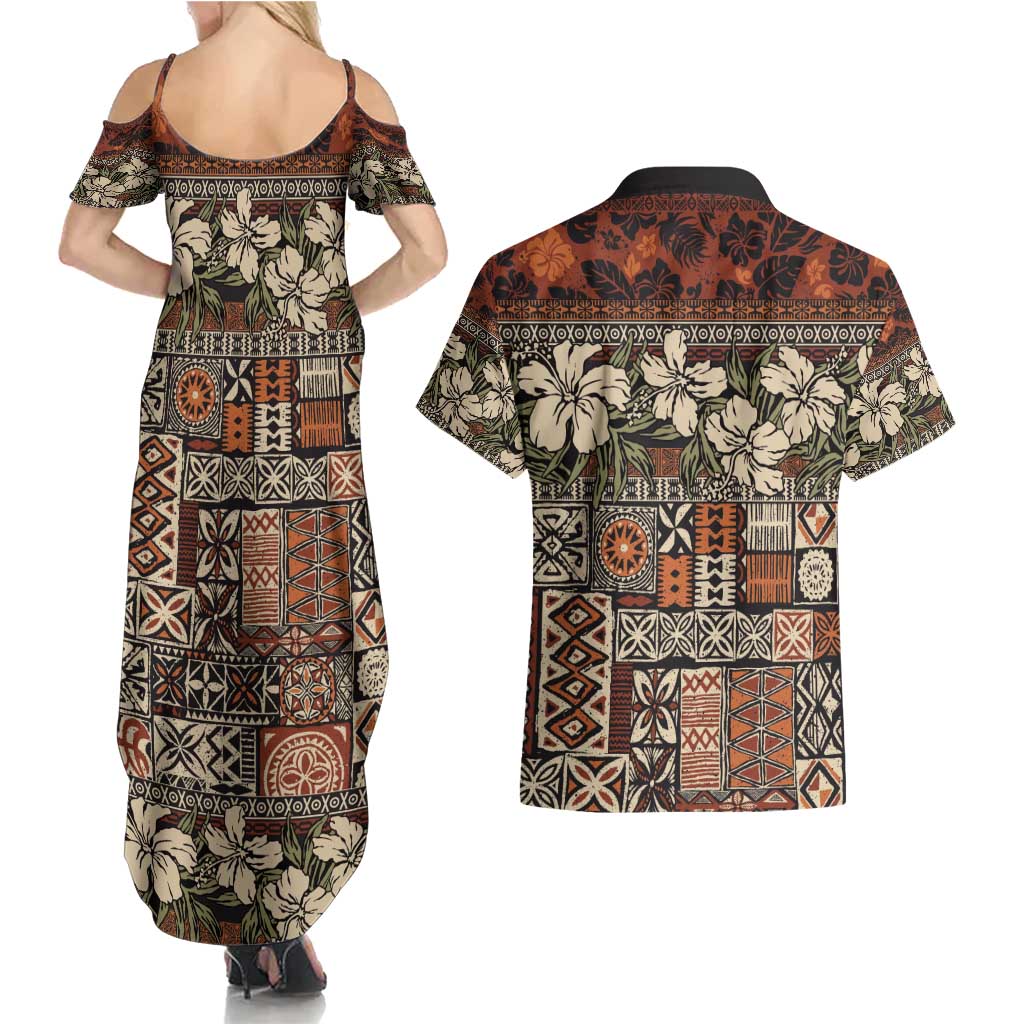 Pacific Hibiscus Tapa Tribal Vintage Couples Matching Summer Maxi Dress and Hawaiian Shirt Brown Motif LT9 - Polynesian Pride