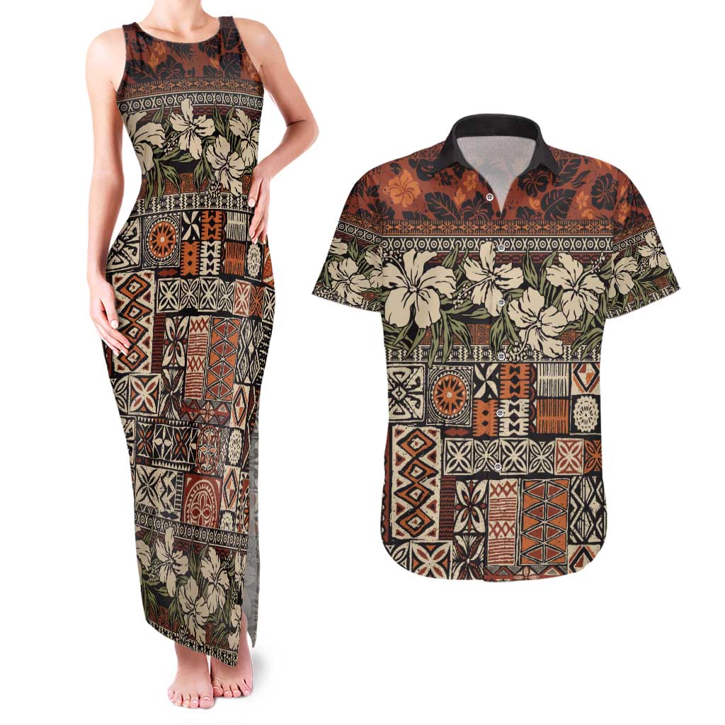 Pacific Hibiscus Tapa Tribal Vintage Couples Matching Tank Maxi Dress and Hawaiian Shirt Brown Motif LT9 Brown - Polynesian Pride