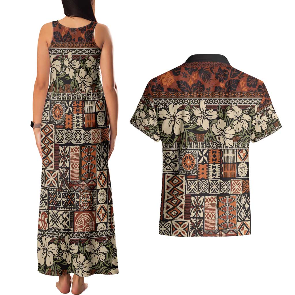 Pacific Hibiscus Tapa Tribal Vintage Couples Matching Tank Maxi Dress and Hawaiian Shirt Brown Motif LT9 - Polynesian Pride