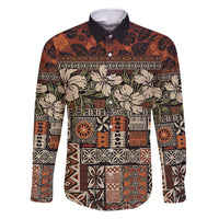 Pacific Hibiscus Tapa Tribal Vintage Family Matching Long Sleeve Bodycon Dress and Hawaiian Shirt Brown Motif