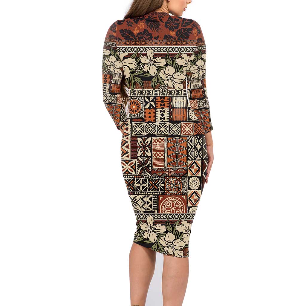 Pacific Hibiscus Tapa Tribal Vintage Family Matching Long Sleeve Bodycon Dress and Hawaiian Shirt Brown Motif