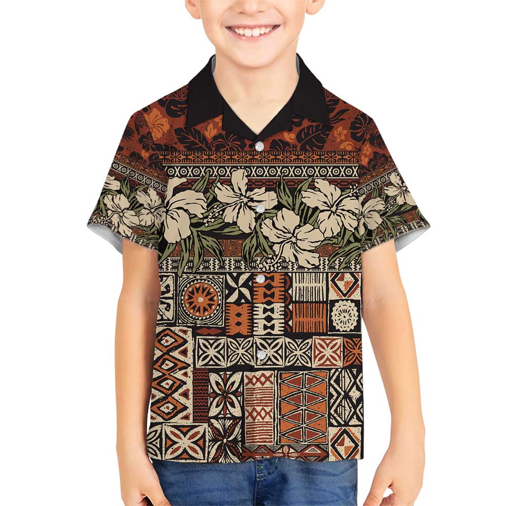 Pacific Hibiscus Tapa Tribal Vintage Family Matching Long Sleeve Bodycon Dress and Hawaiian Shirt Brown Motif