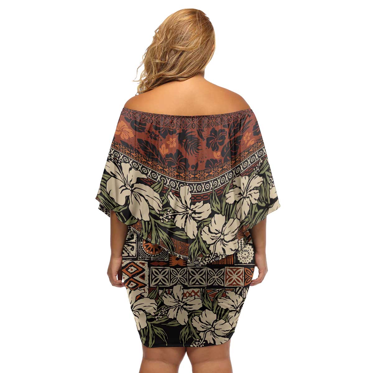 Pacific Hibiscus Tapa Tribal Vintage Family Matching Off Shoulder Short Dress and Hawaiian Shirt Brown Motif
